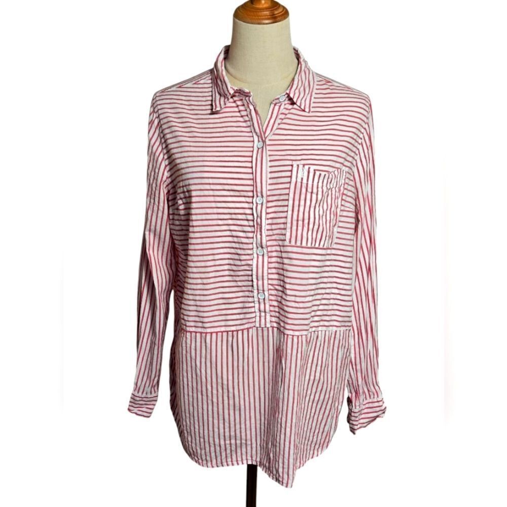Abercrombie & Fitch Red and White Striped Half Button-Up Shirt